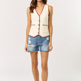 Button Down Vest With Piping Detail - Off White with Brown piping detail, Women's Vests Collection