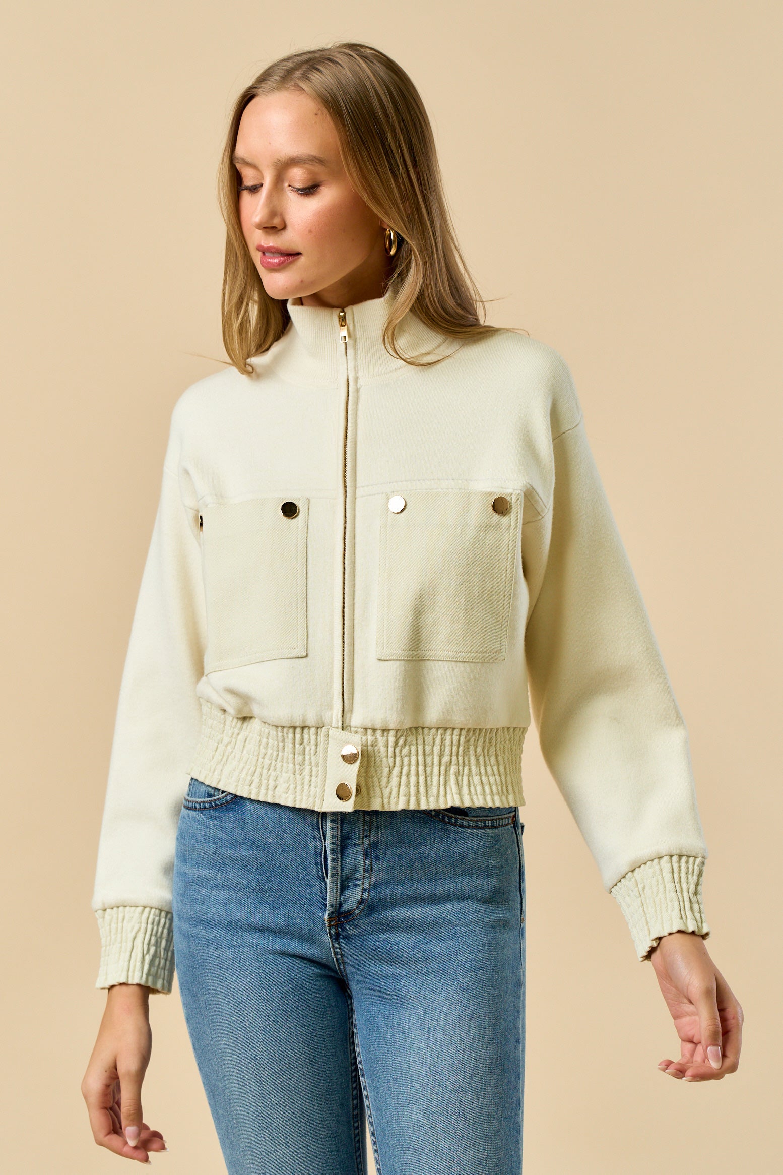 Mock Neck Zip Up Jacket - Ivory, Women's Tops Collection