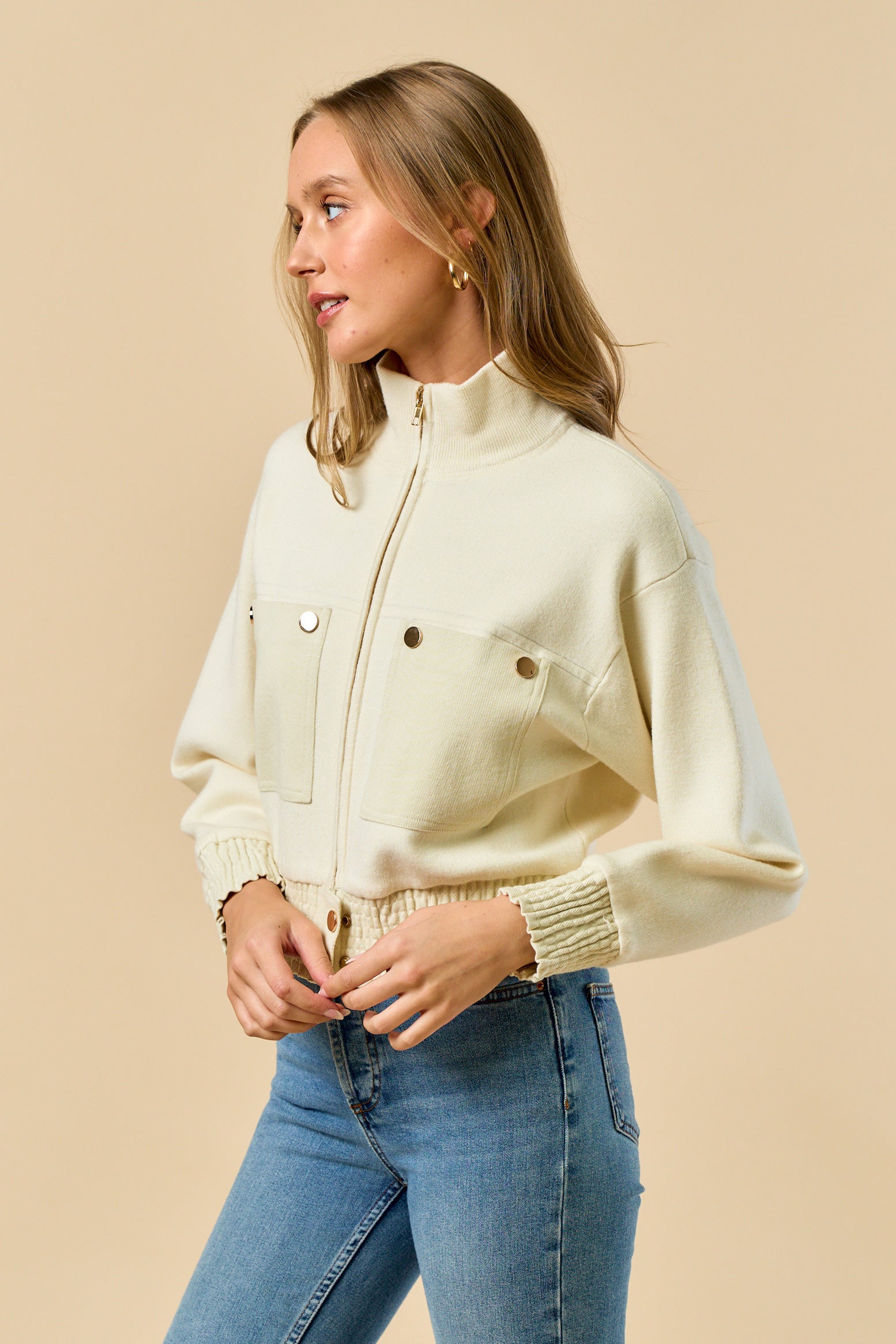 Mock Neck Zip Up Jacket - Ivory, Women's Tops Collection