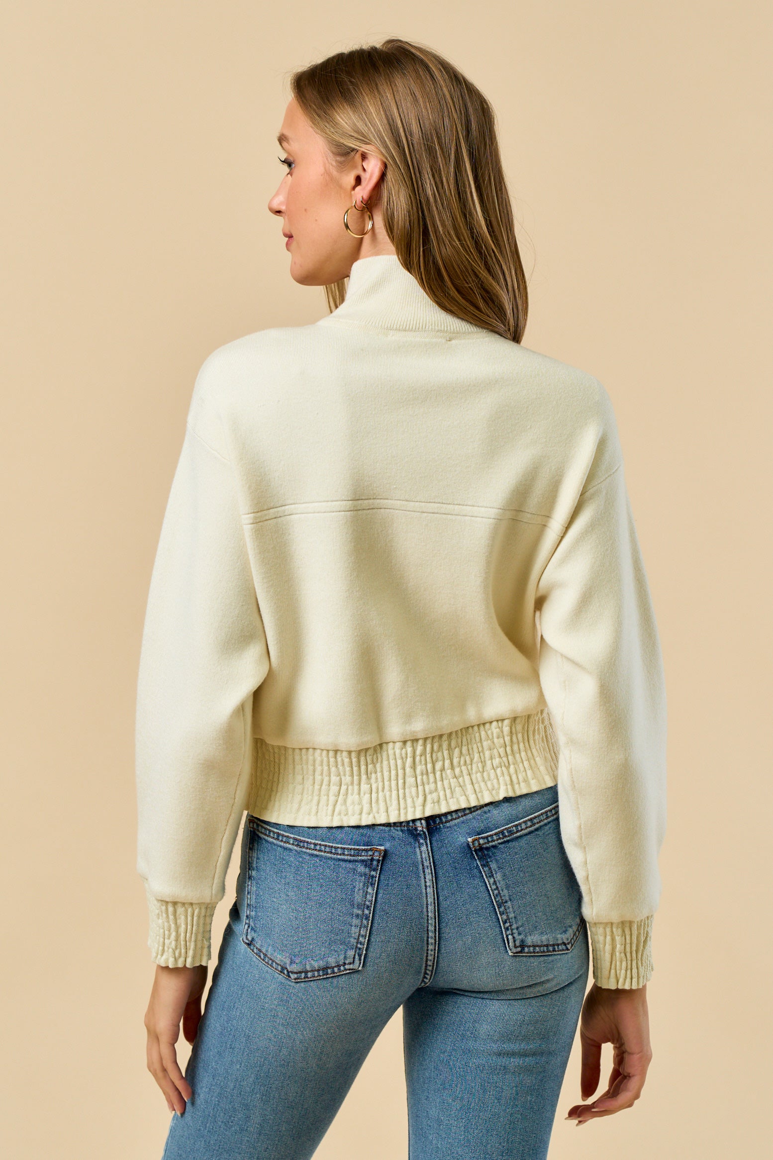 Mock Neck Zip Up Jacket - Ivory, Women's Tops Collection