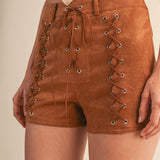 Faux Suede Short With Lace up Detail - camel, womens shorts collection
