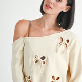 Off Shoulder Top - ivory with cutout bow design, women's sweatshirt collection