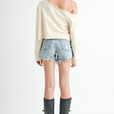 Off Shoulder Top - ivory with cutout bow design, women's sweatshirt collection