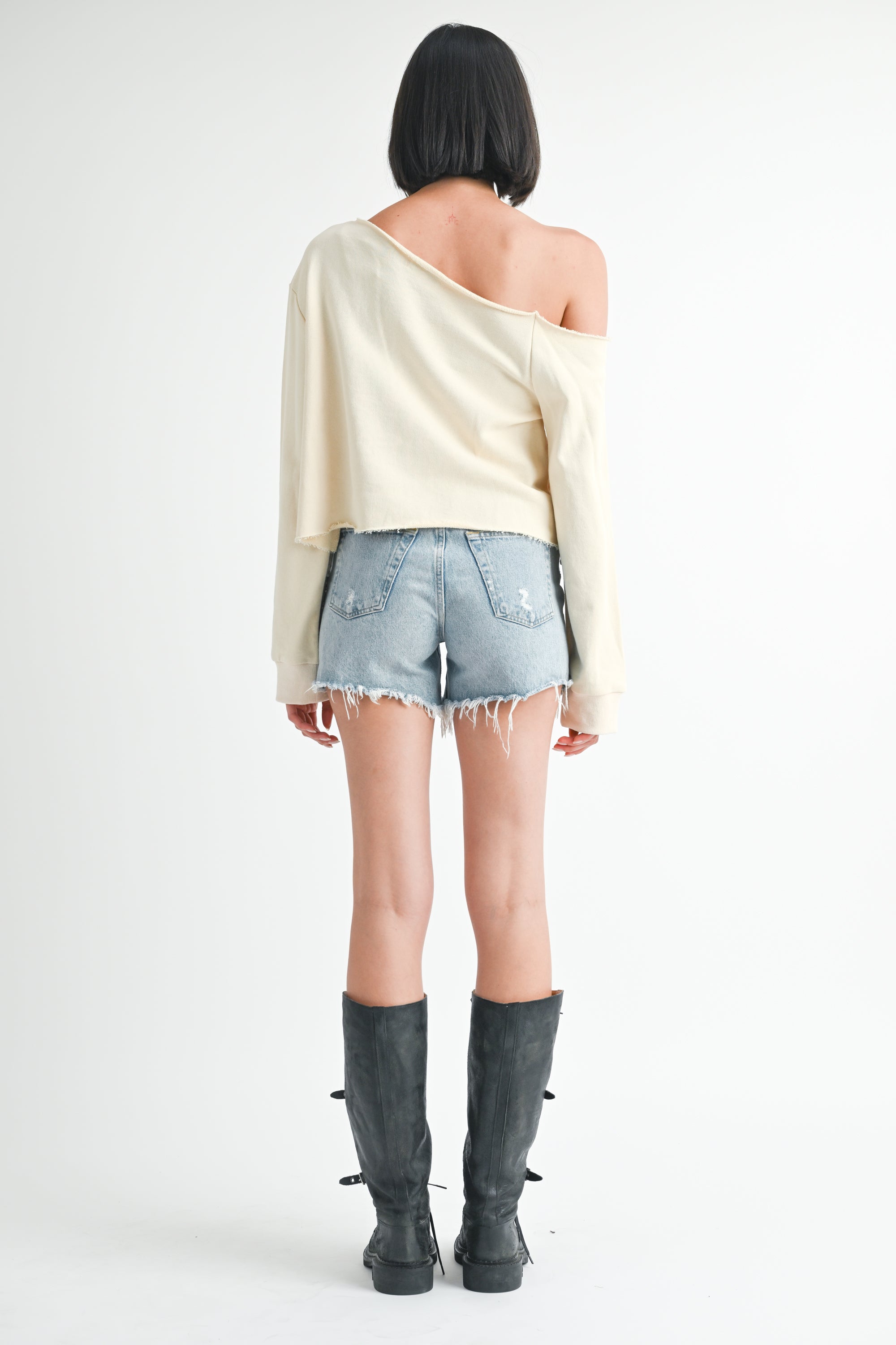 Off Shoulder Top - ivory with cutout bow design, women's sweatshirt collection