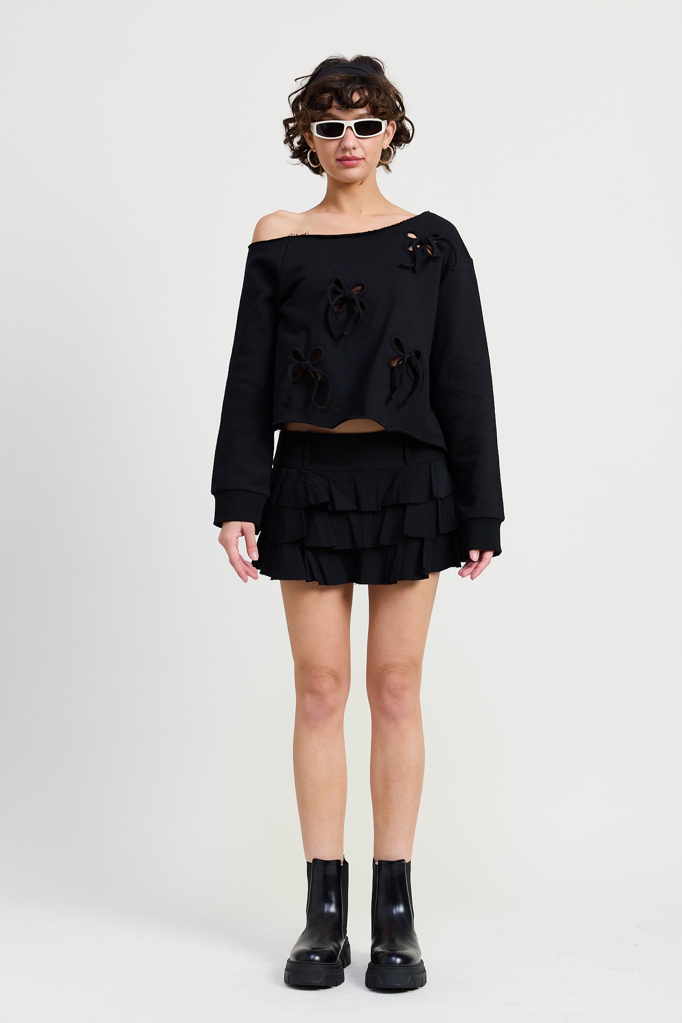 Off Shoulder Top -black with cutout bow design, women's sweatshirt collection