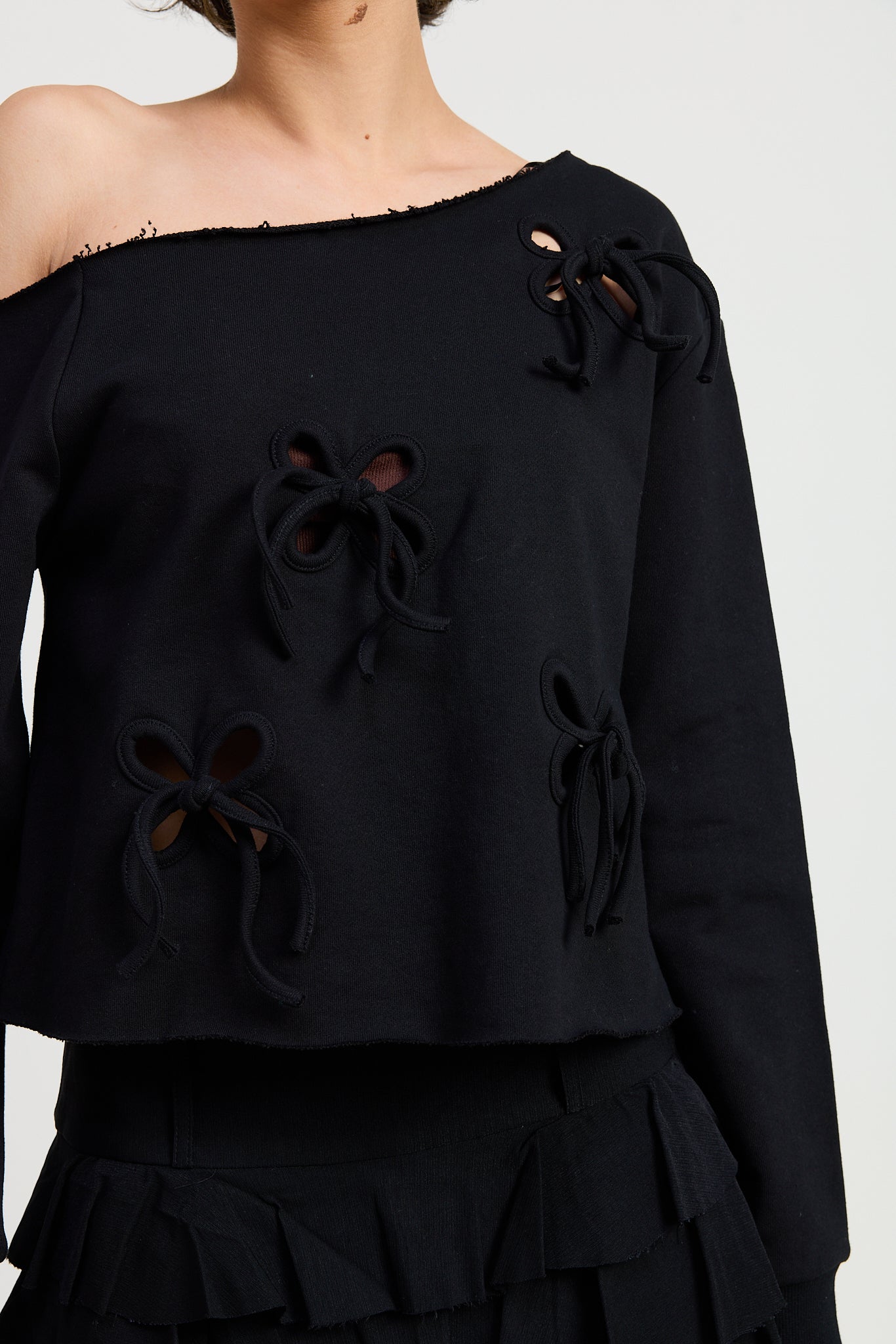 Off Shoulder Top -black with cutout bow design, women's sweatshirt collection
