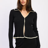 Collar Knit Cardigan - black with white lining, womens cardigan collection