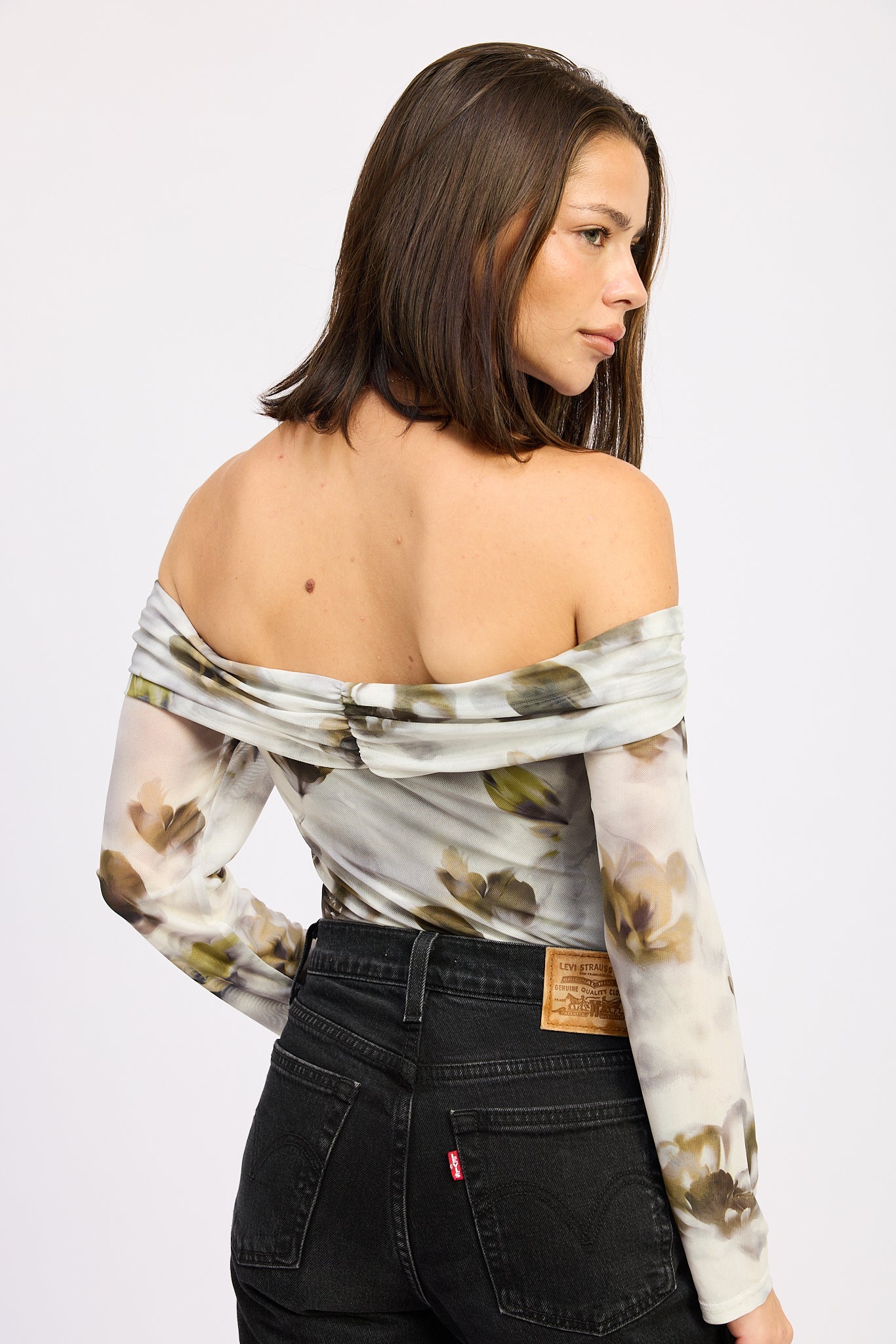 Mesh Cutout Off Shoulder Bodysuit - olive, womens bodysuit collection