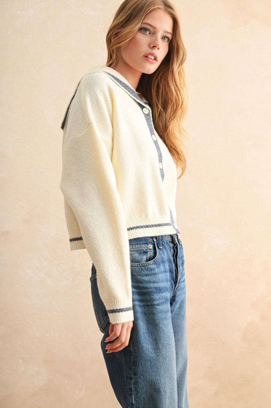 Sailor Style Sweater Cardigan - Off White/Navy, Women's Tops Collection