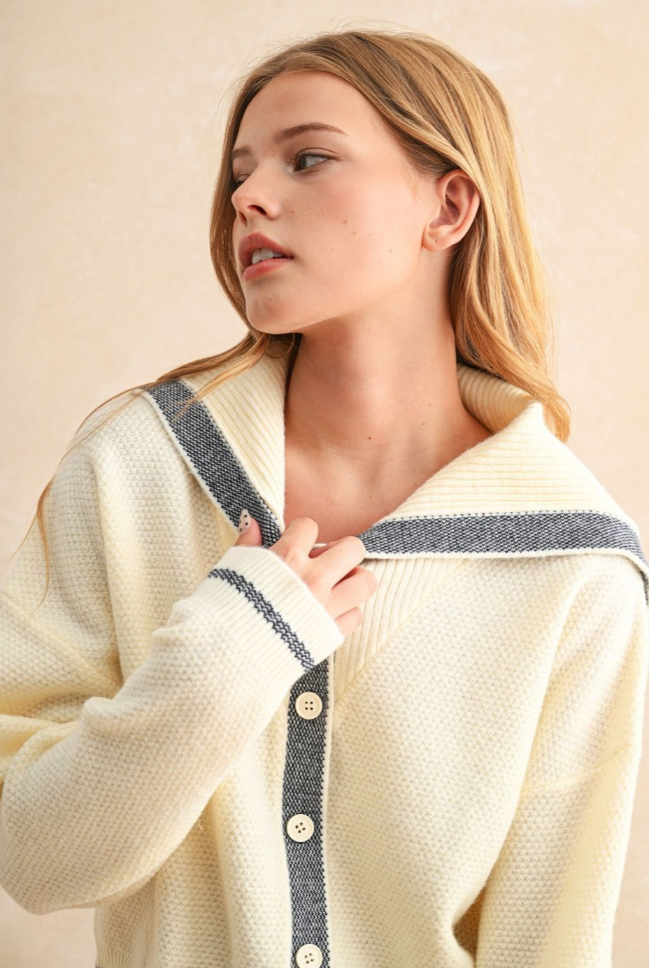 Sailor Style Sweater Cardigan - Off White/Navy, Women's Tops Collection