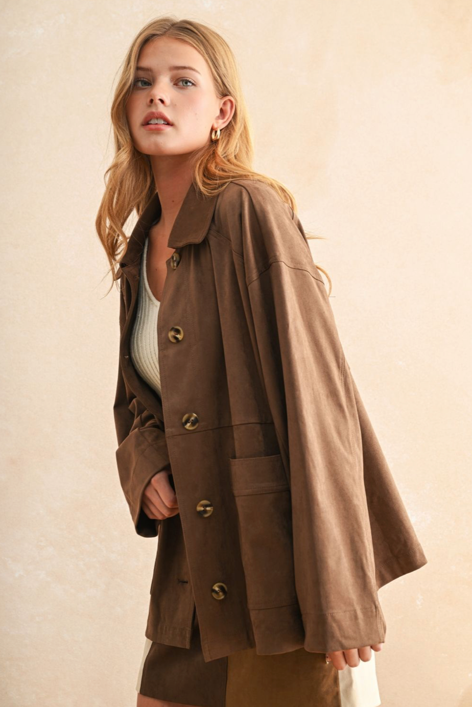 Suede Button Front Jacket - brown, womens jacket collection