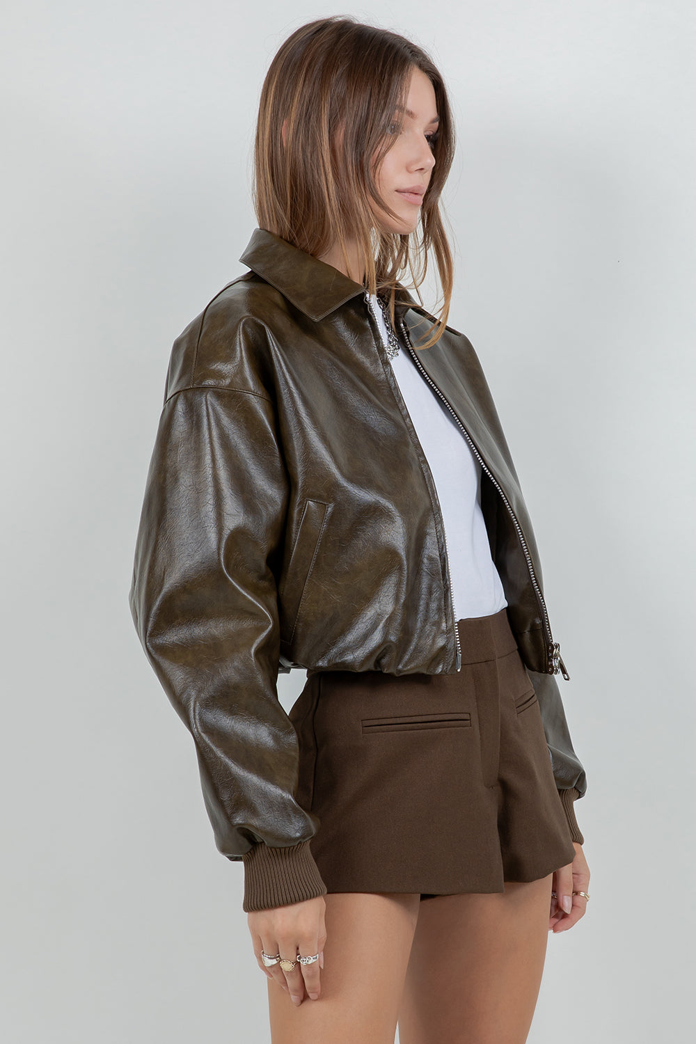 Faux Leather Bomber Jacket - olive, womens jacket collection