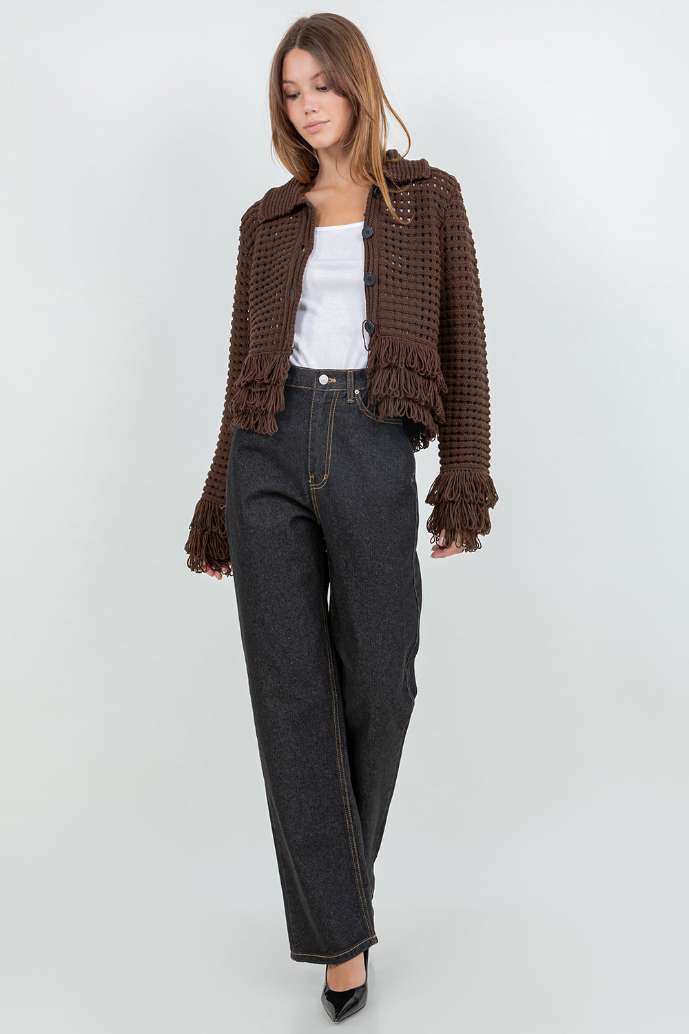 Fringe Detail Button Down Cardigan - brown, womens cardigan collection