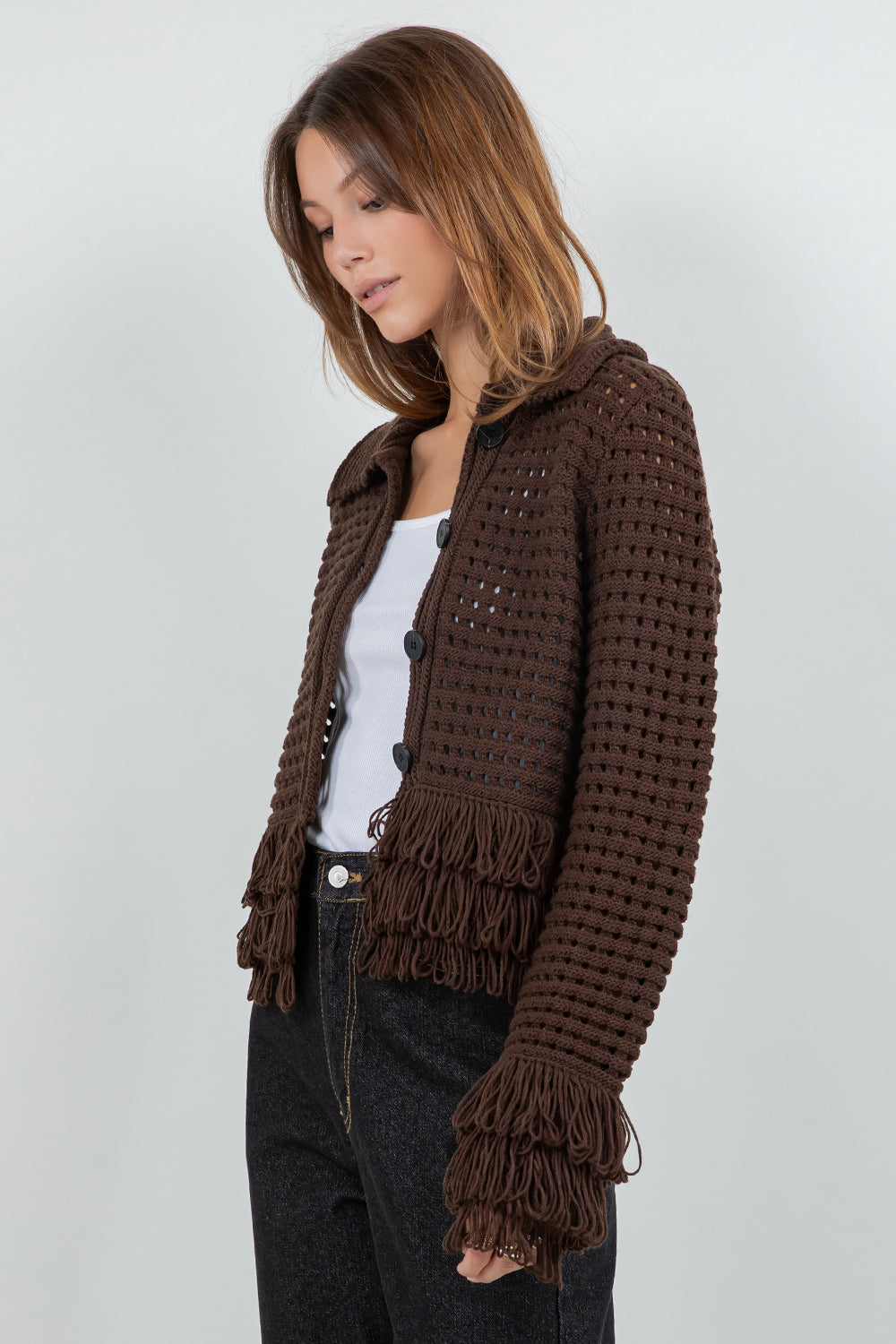 Fringe Detail Button Down Cardigan - brown, womens cardigan collection