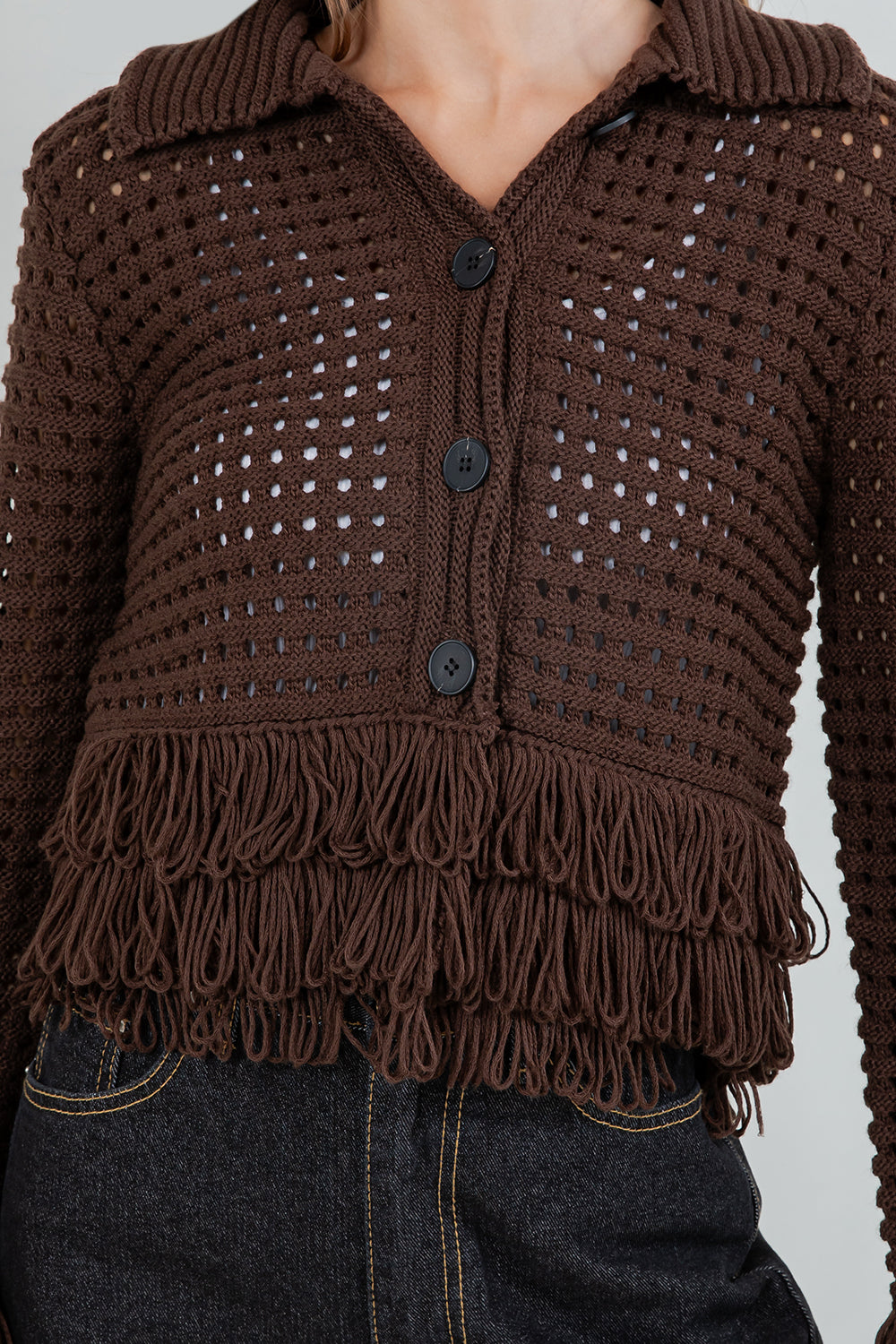 Fringe Detail Button Down Cardigan - brown, womens cardigan collection