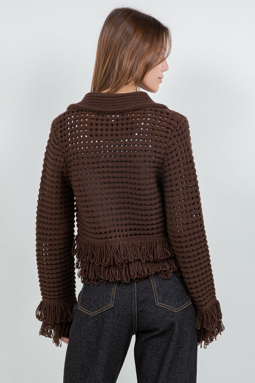 Fringe Detail Button Down Cardigan - brown, womens cardigan collection