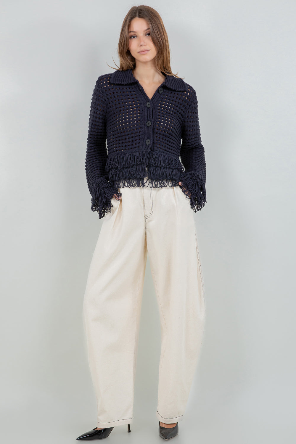 Fringe Detail Button Down Cardigan - navy, womens cardigan collection