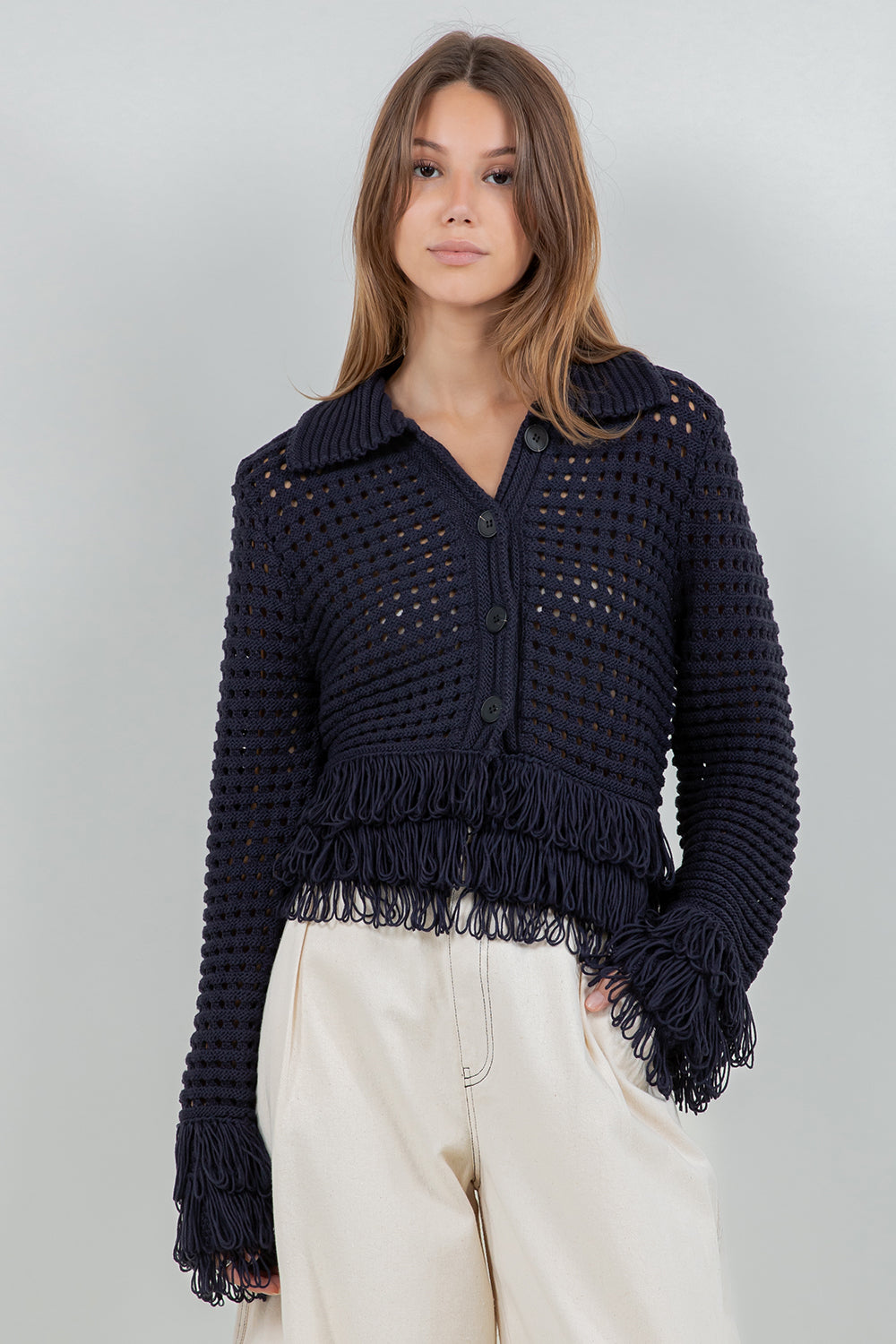 Fringe Detail Button Down Cardigan - navy, womens cardigan collection