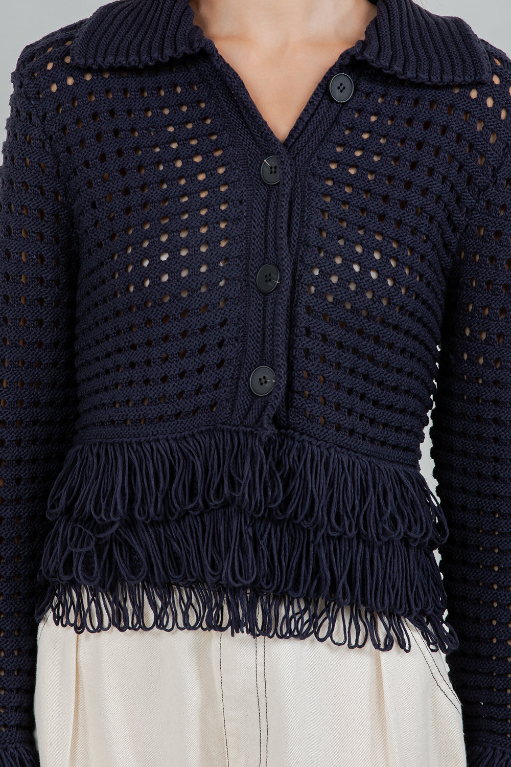 Fringe Detail Button Down Cardigan - navy, womens cardigan collection