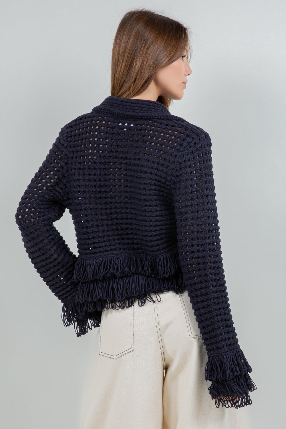 Fringe Detail Button Down Cardigan - navy, womens cardigan collection