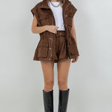 Suede Cargo Oversized Vest - brown, womens vest collection