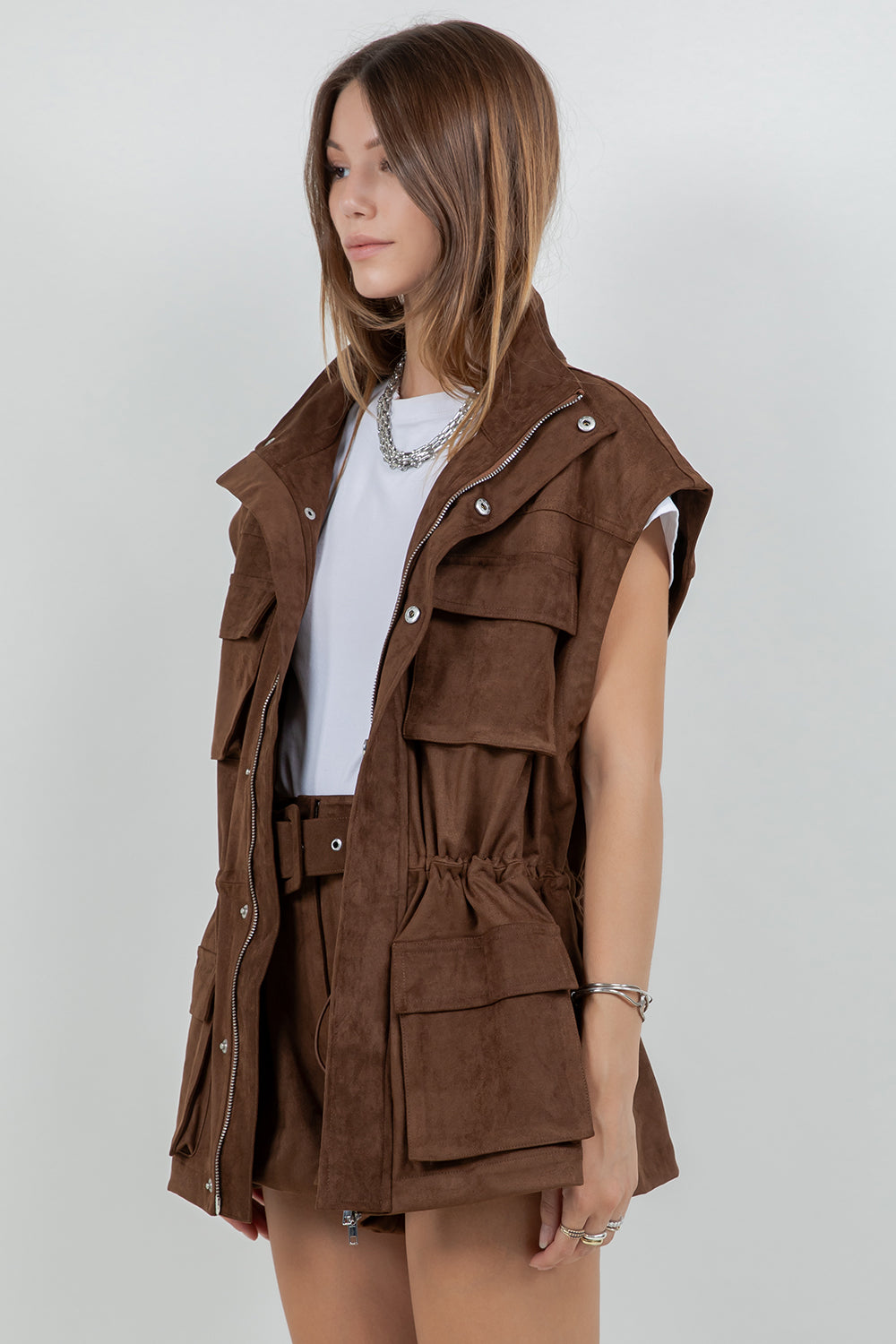 Suede Cargo Oversized Vest - brown, womens vest collection