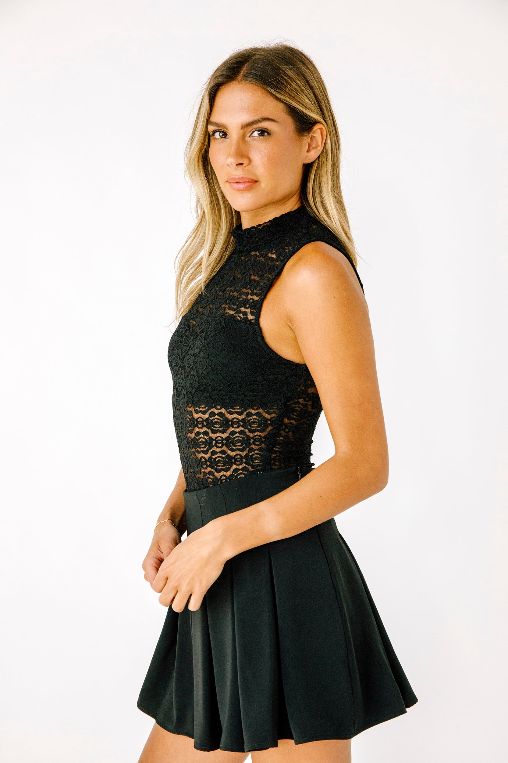 Mock Neck Lace Bodysuit - black, womens bodysuit collection