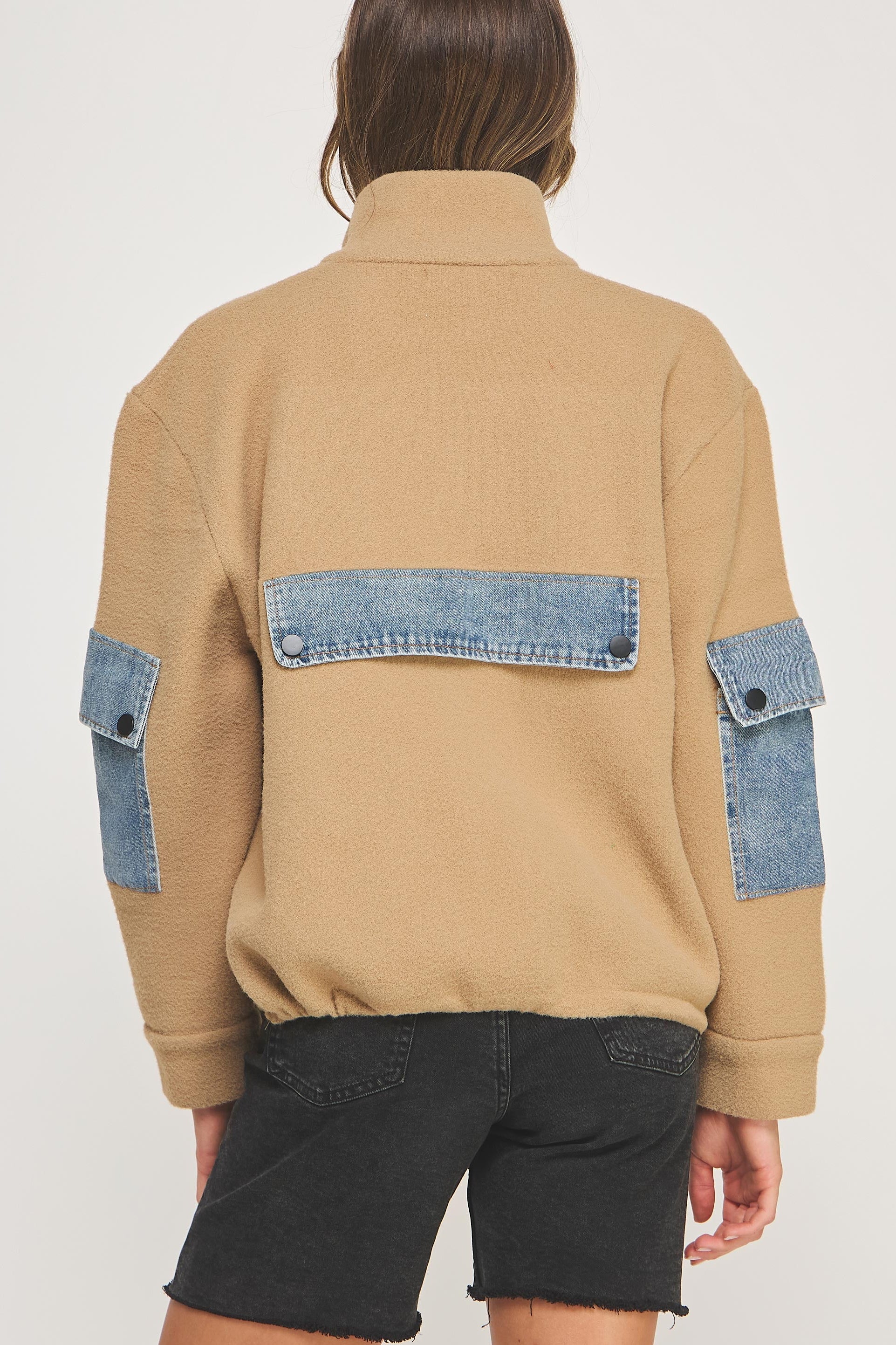 Mock Neck Jacket With Denim Detail - camel/denim, womens jacket collection