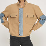 Mock Neck Jacket With Denim Detail - camel/denim, womens jacket collection