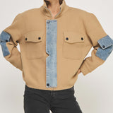 Mock Neck Jacket With Denim Detail - camel/denim, womens jacket collection