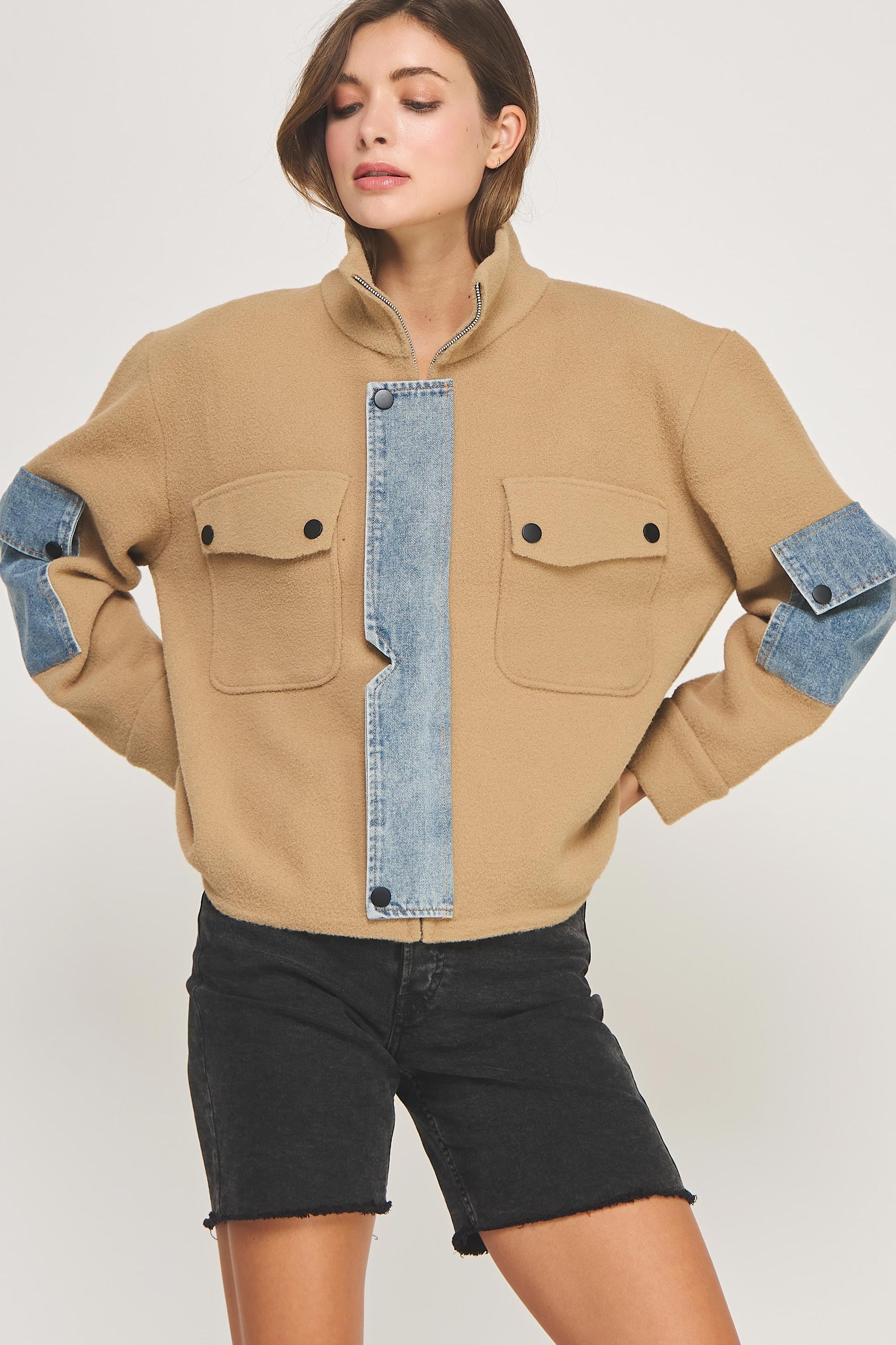 Mock Neck Jacket With Denim Detail - camel/denim, womens jacket collection
