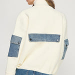 Mock Neck Jacket With Denim Detail - white/denim, womens jacket collection