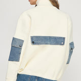 Mock Neck Jacket With Denim Detail - white/denim, womens jacket collection