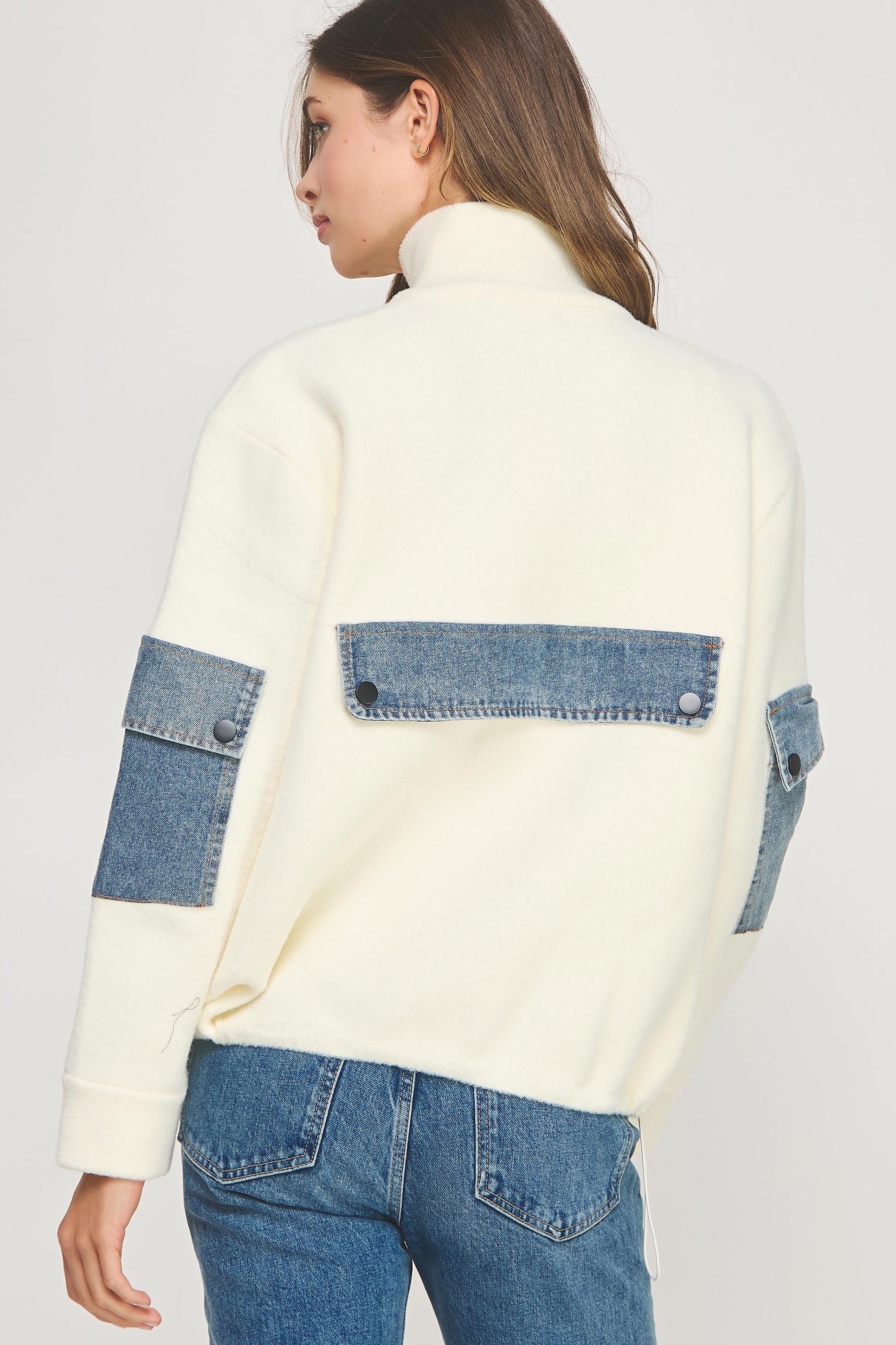 Mock Neck Jacket With Denim Detail - white/denim, womens jacket collection