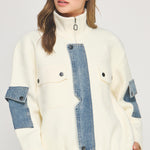 Mock Neck Jacket With Denim Detail - white/denim, womens jacket collection