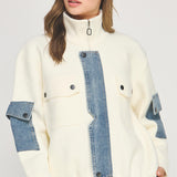 Mock Neck Jacket With Denim Detail - white/denim, womens jacket collection