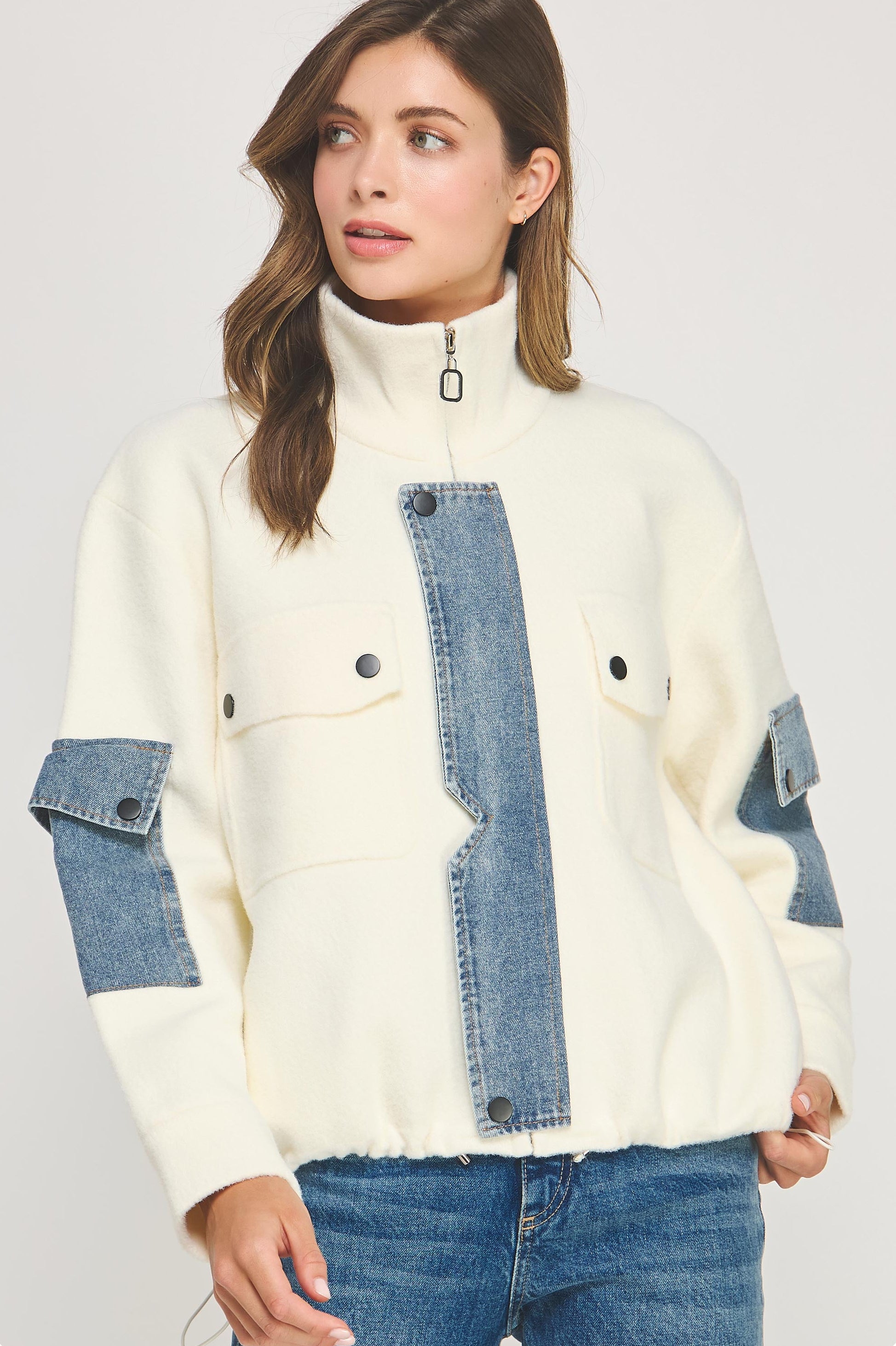Mock Neck Jacket With Denim Detail - white/denim, womens jacket collection