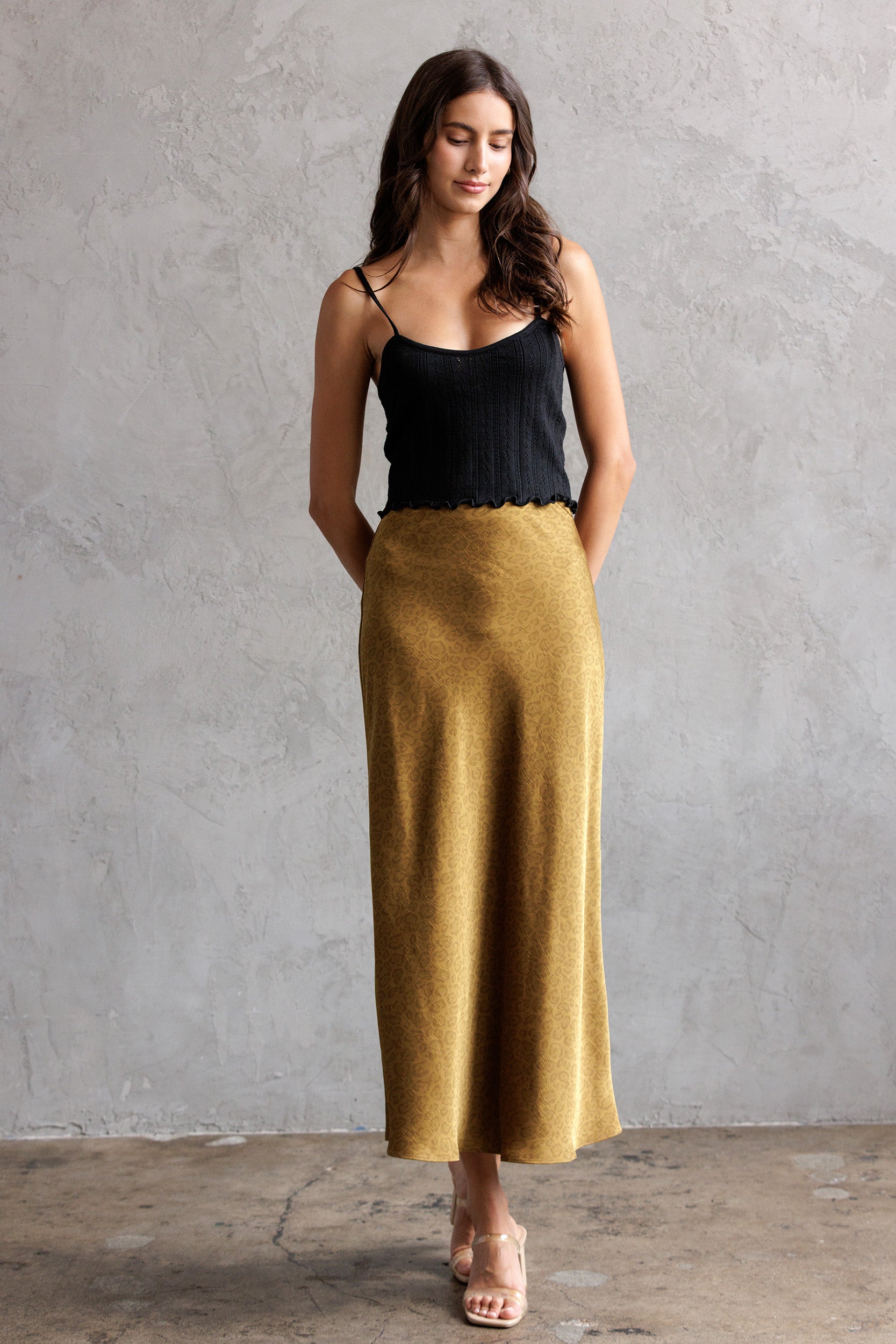 Leopard Print Midi Skirt - mustard, womens skirt collection