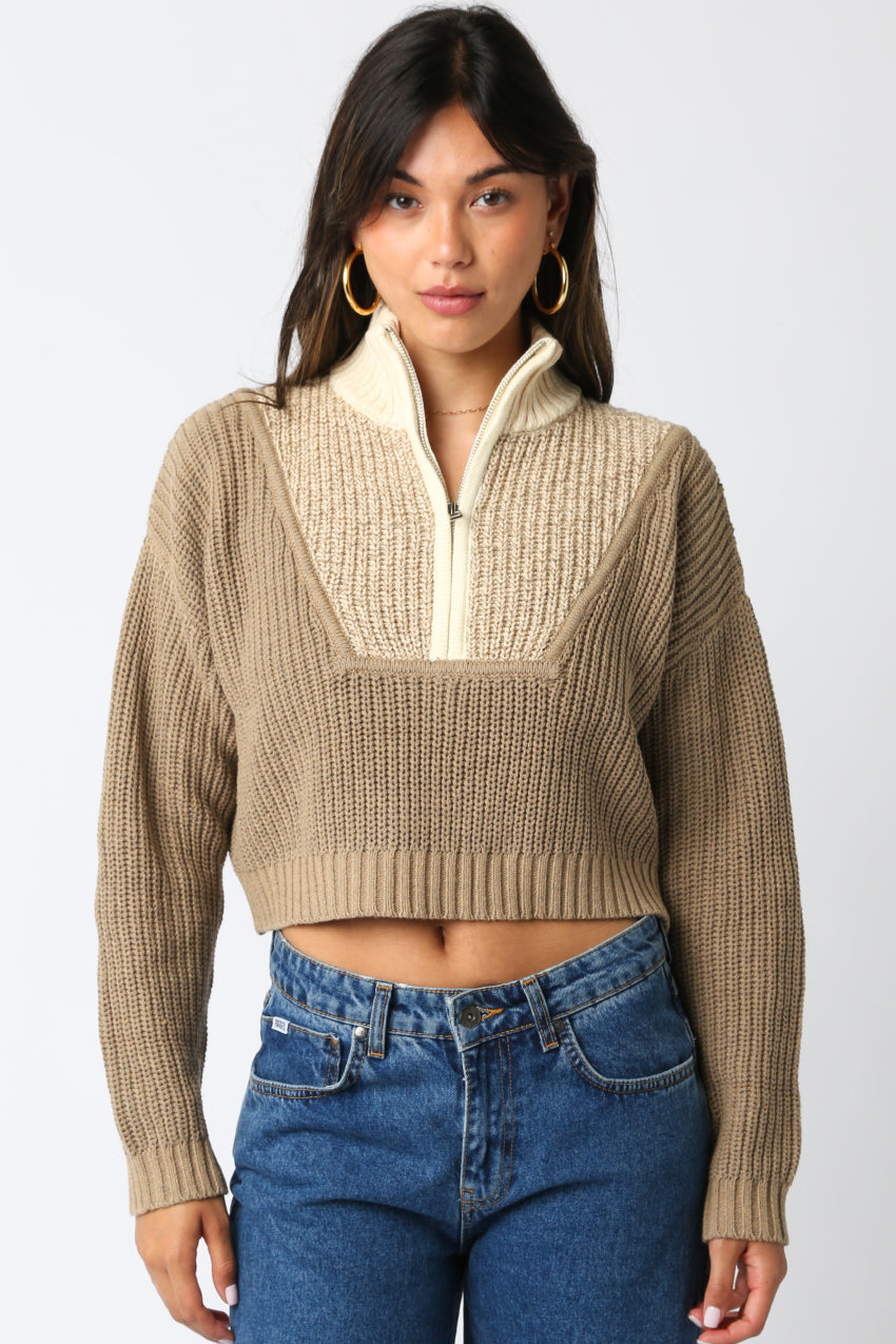 Cropped Half Zipper Sweater - Khaki Combo, Women's Tops Collection