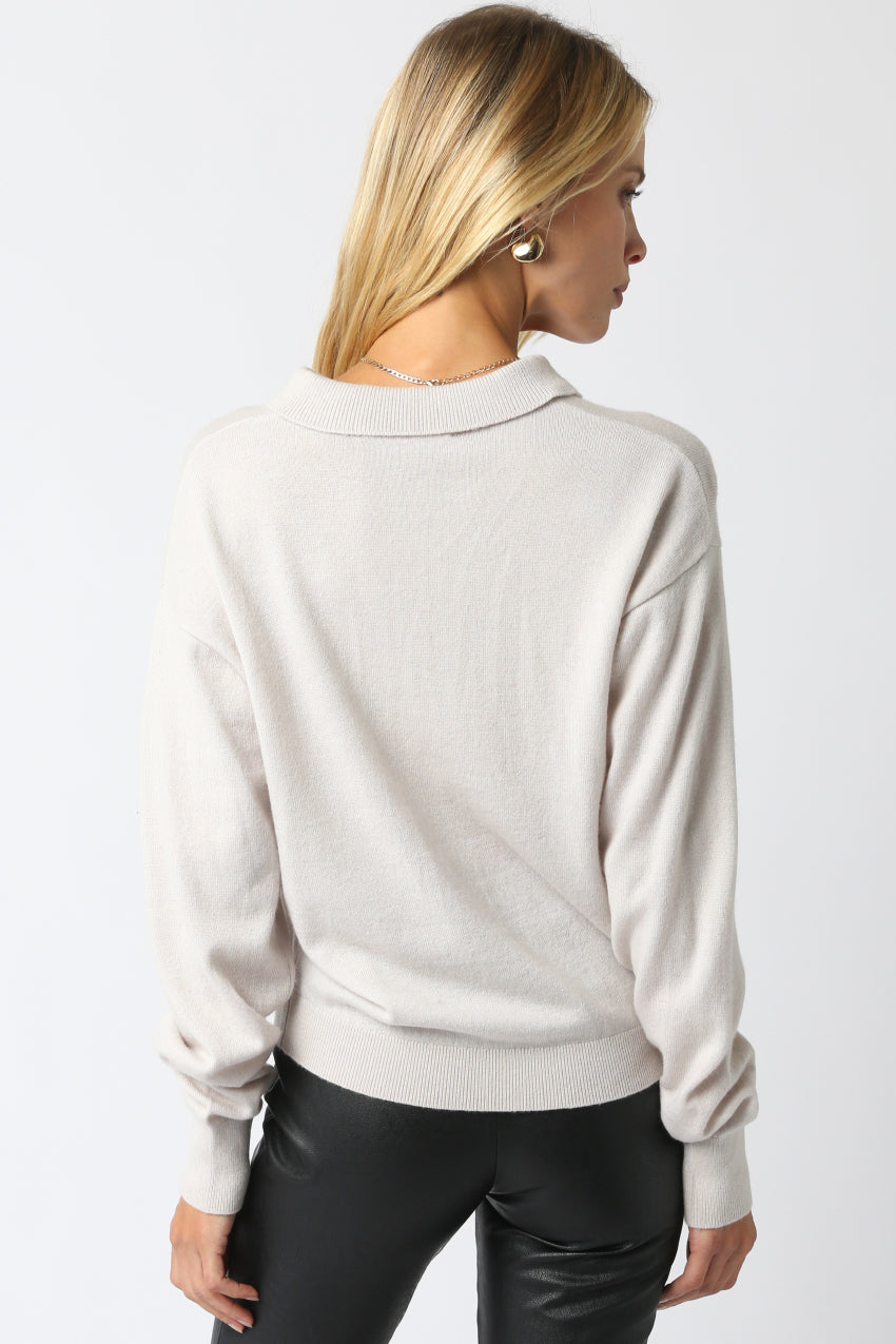 Long Sleeve Collared Soft Sweater - ecru, womens sweater collection