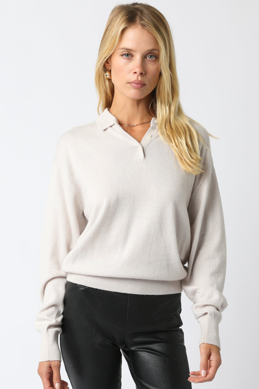 Long Sleeve Collared Soft Sweater - ecru, womens sweater collection