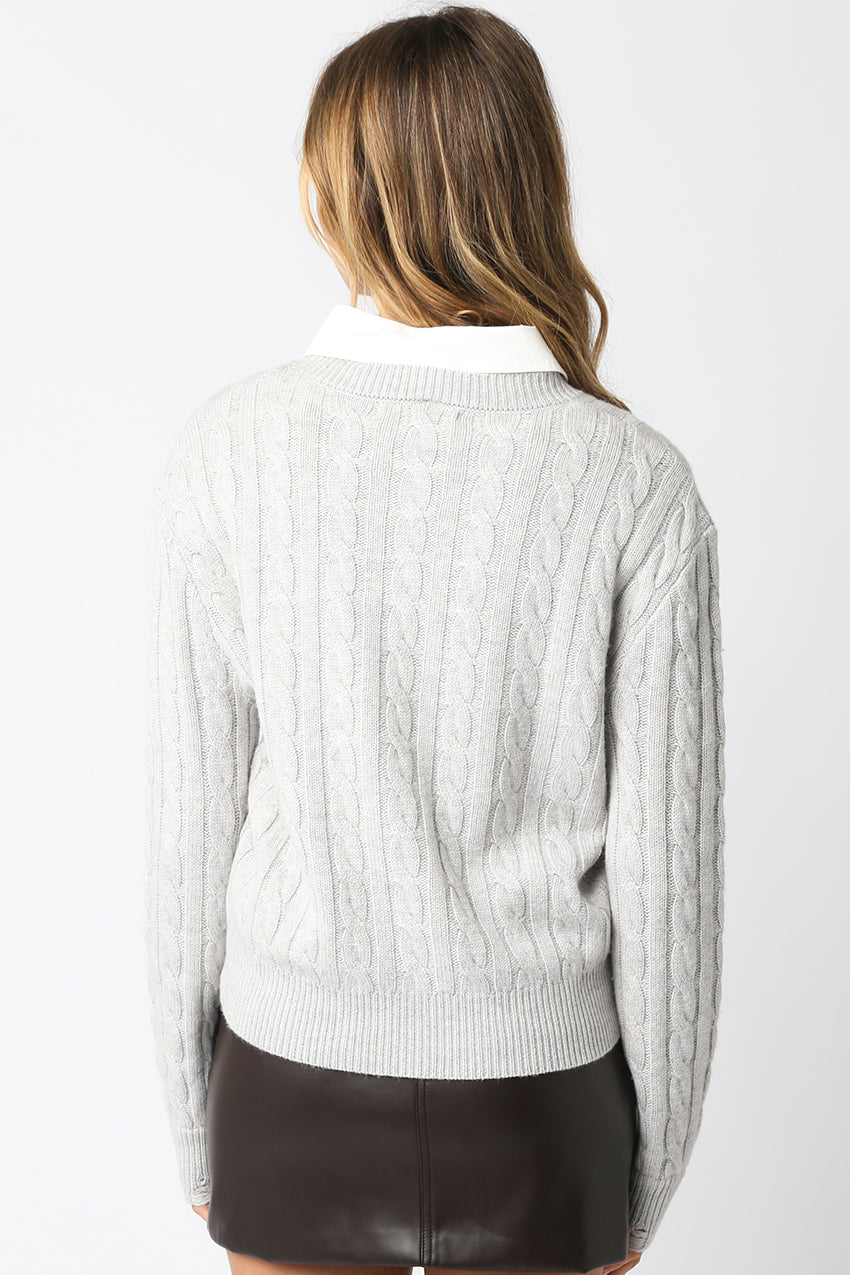 Cable Knit Sweater With Collar Insert - grey, womens sweater collection