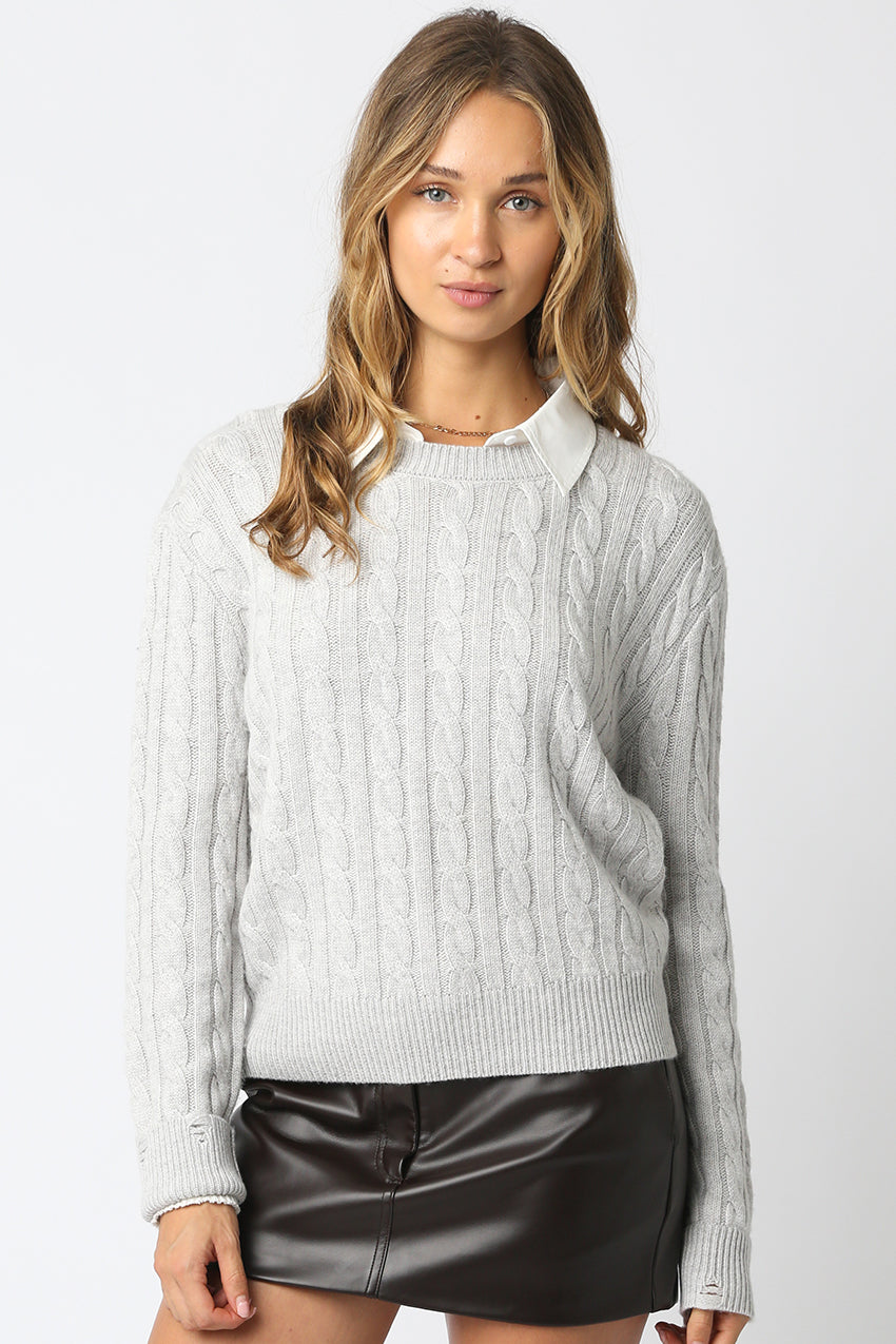 Cable Knit Sweater With Collar Insert - grey, womens sweater collection