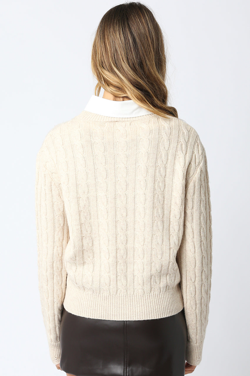 Cable Knit Sweater With Collar Insert - light oatmeal, womens sweater collection