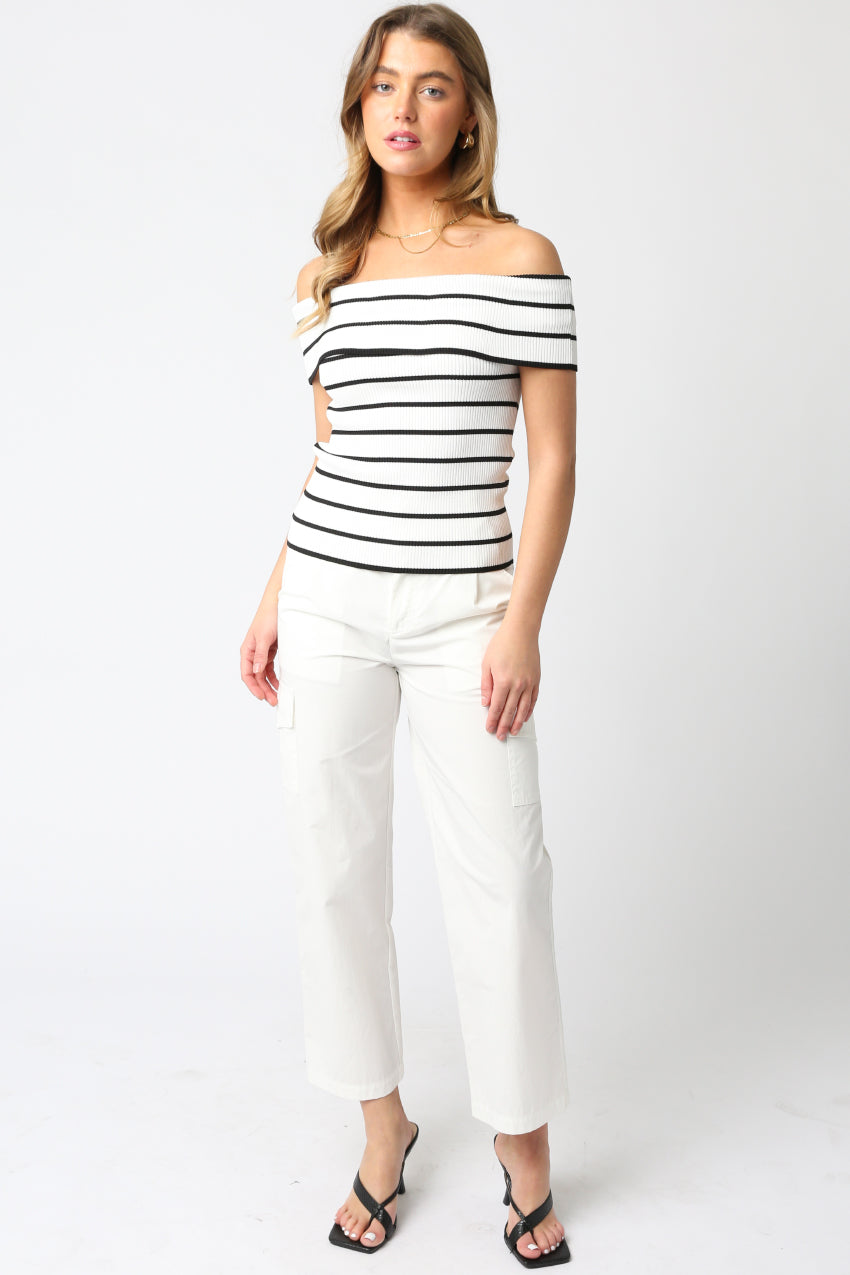 Strip Off The Shoulder Rib Top - White/Black, Women's Tops Collection