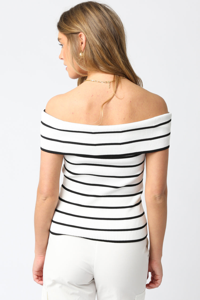 Strip Off The Shoulder Rib Top - White/Black, Women's Tops Collection