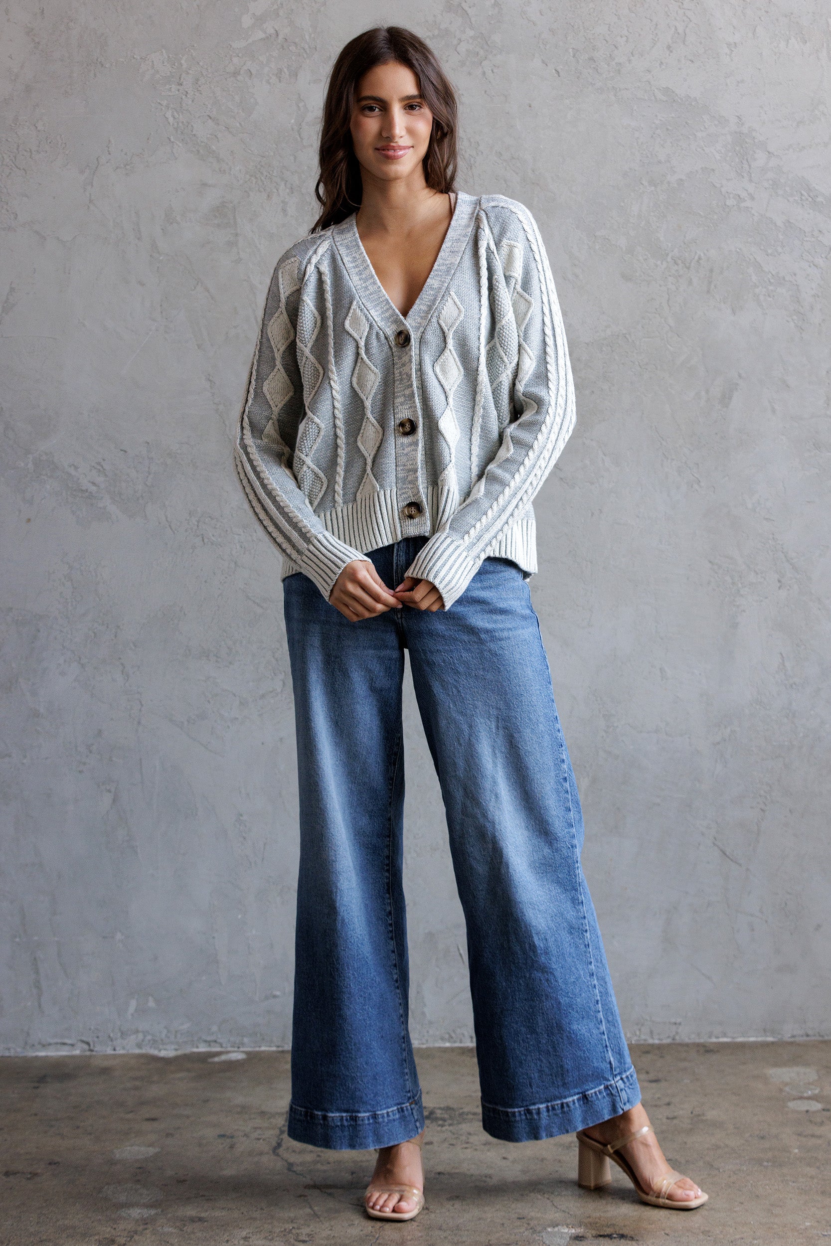 Cable Knit Cardigan - cream blue, womens cardigan collection
