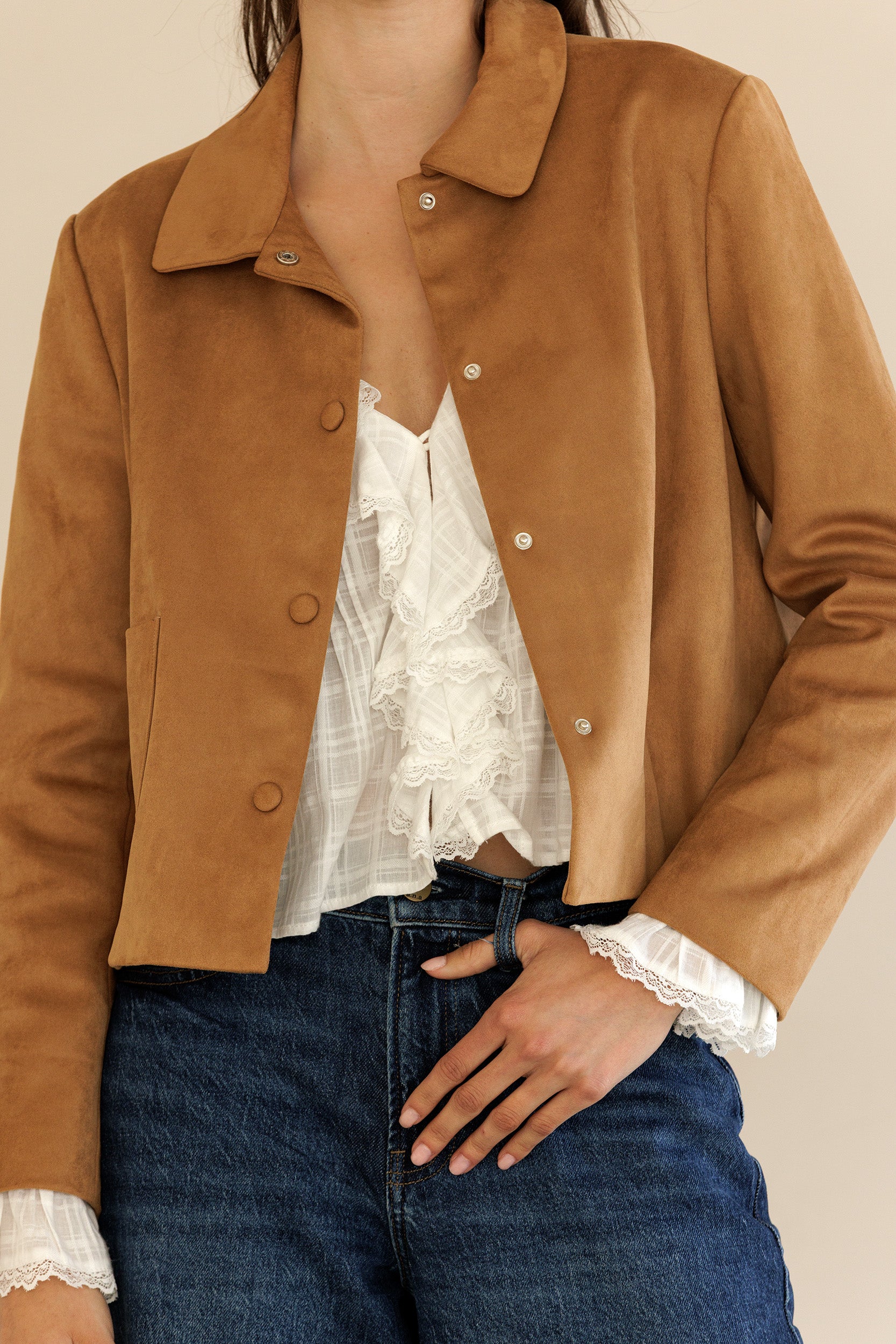 Faux Suede Button Front Jacket - Camel, Women's Jackets Collection