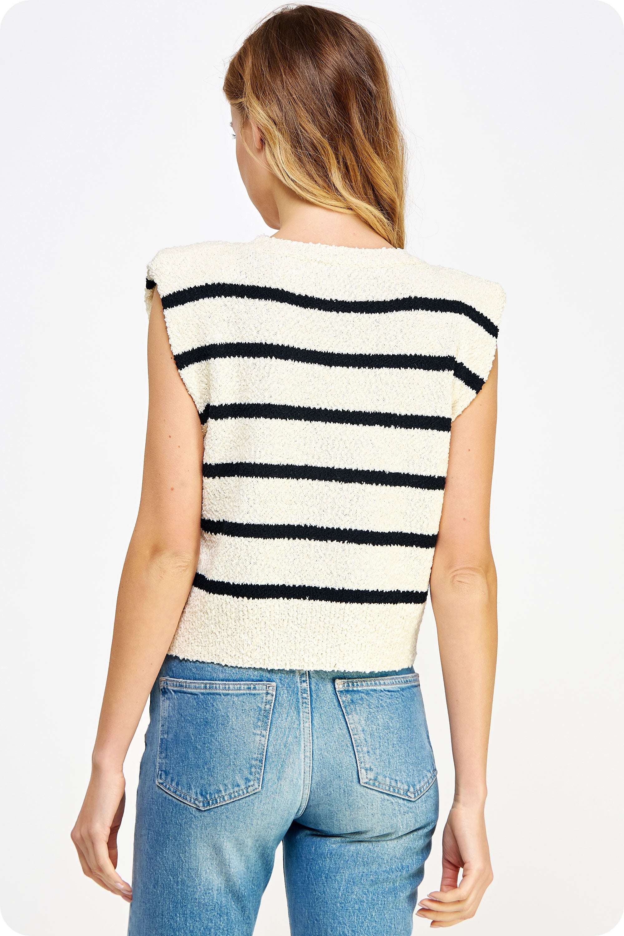 Shoulder Pad Sleeveless Stripe Sweater - cream/black, women's top collection
