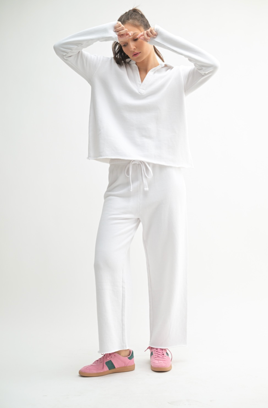 Malibu Wide Leg Fleece Pant - White, Women's Lounge/matching set Collection